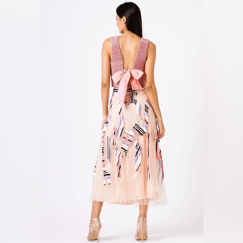 “GEISHA DESIGNS” Mae Elegant Pink and Cream Appliquéd Midi Tulle Skirt
